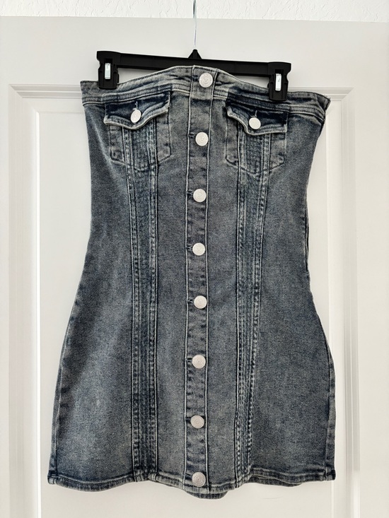 True Religion Dresses & Skirts - True Religion Strapless Button-Front Grey Denim Mini Dress